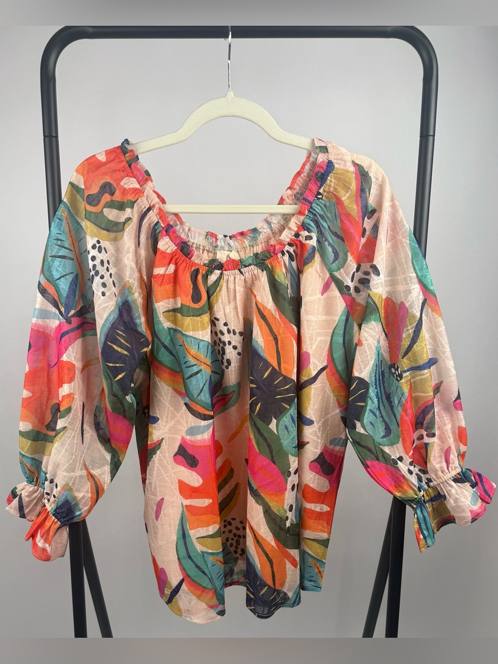 OTT Multicolor Tropical Abstract Print Peasant Blouse Top Size Small - Picture 2 of 5